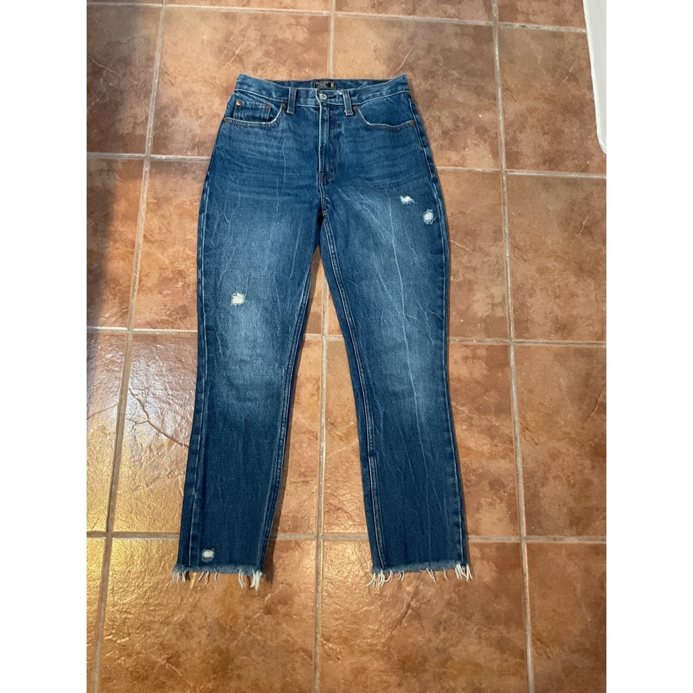Abercrombie & Fitch Mom Jeans Womens 24/00R Blue Excellent Distressed Raw Hem